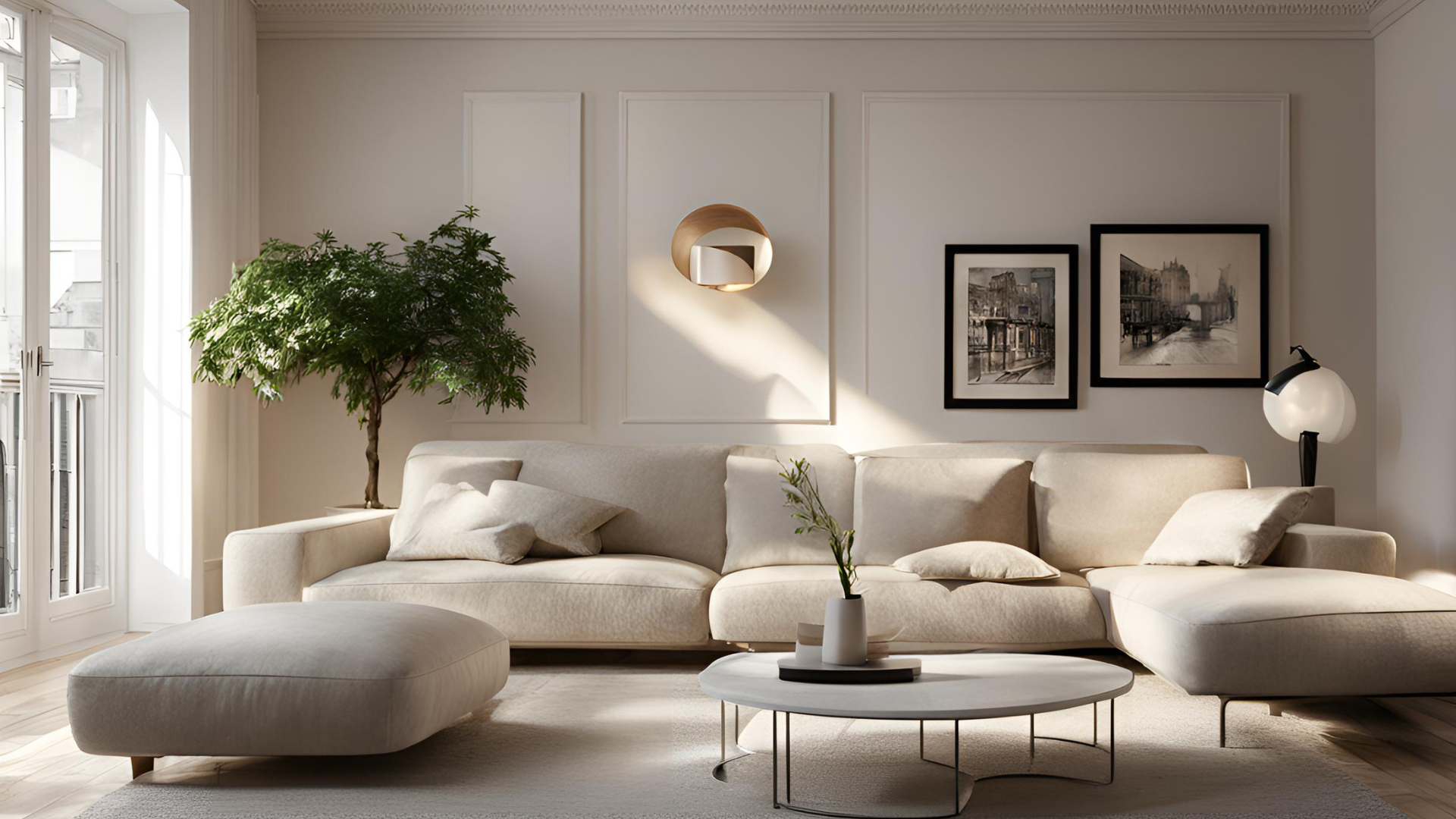 A living room with a couch , coffee table , and ottoman.