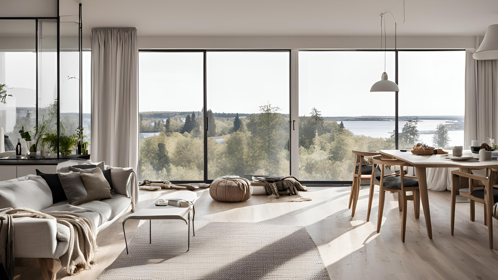 A living room with a couch , table and chairs and a view of a lake.