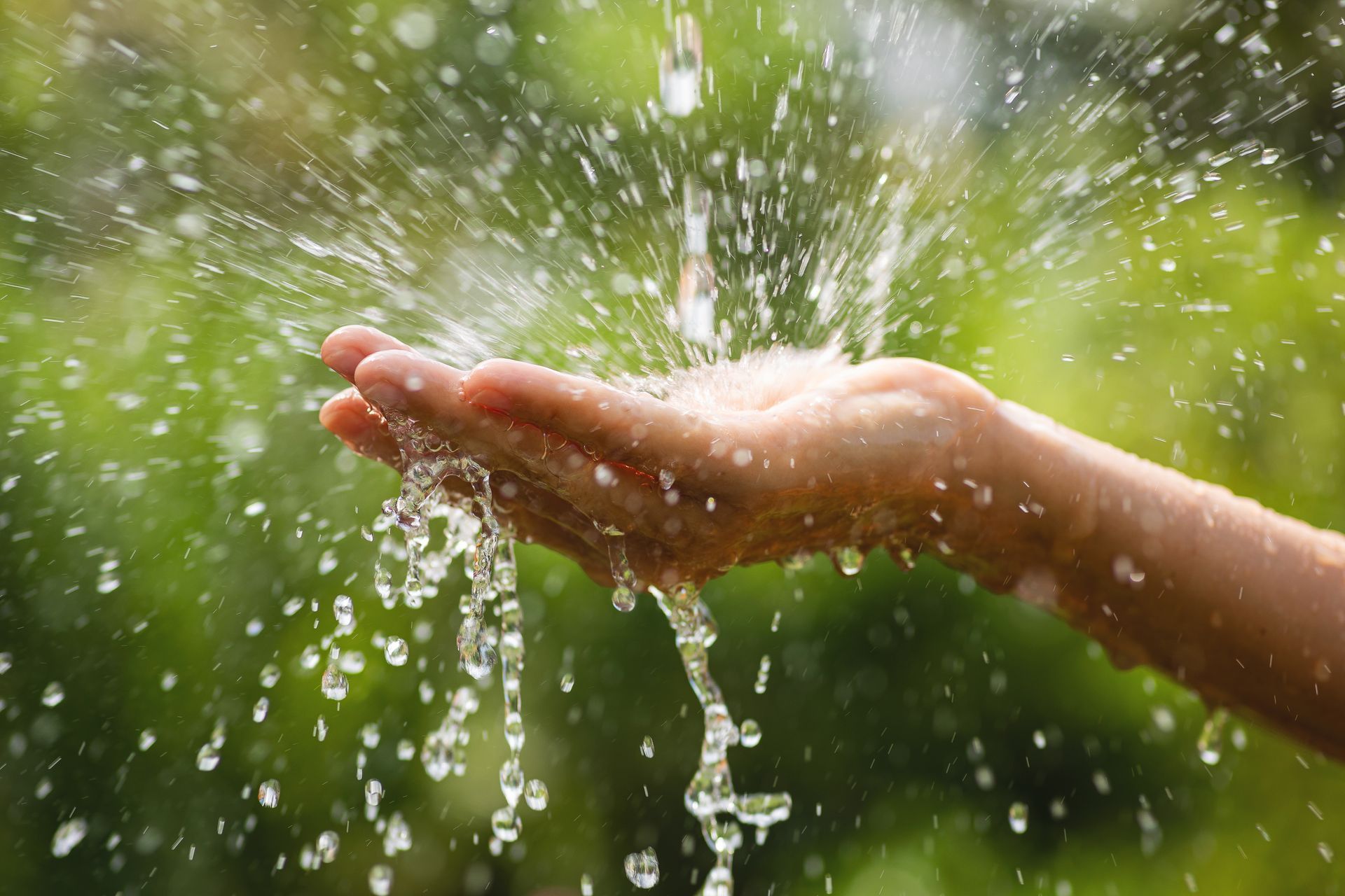 Water splashes onto an open hand, with blurry green foliage in the background.