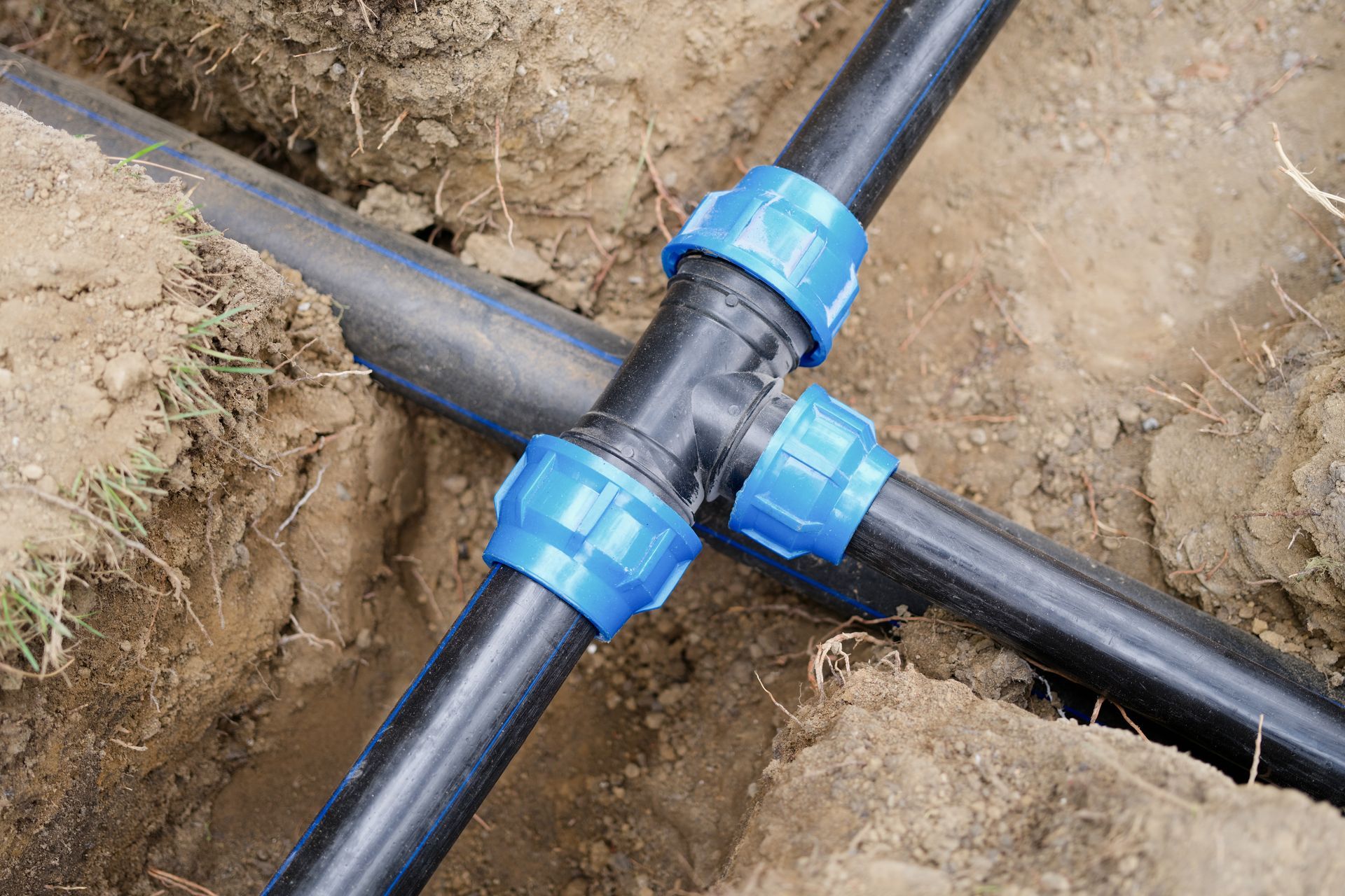 A black plastic irrigation pipe T-fitting connected with blue compression couplings, buried in a trench in the dirt.