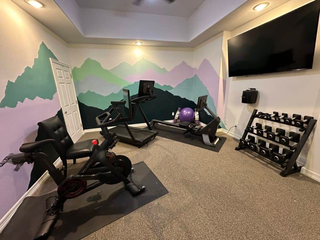 A home gym with a bike , treadmill , dumbbells and a large flat screen tv.