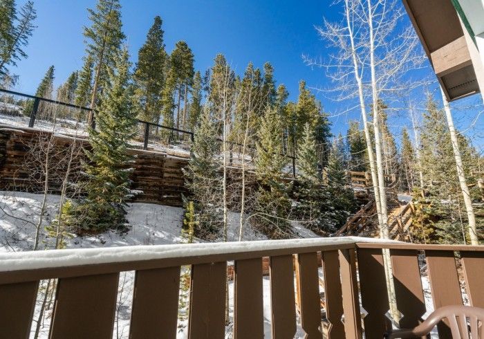 A balcony with a view of a snowy forest.