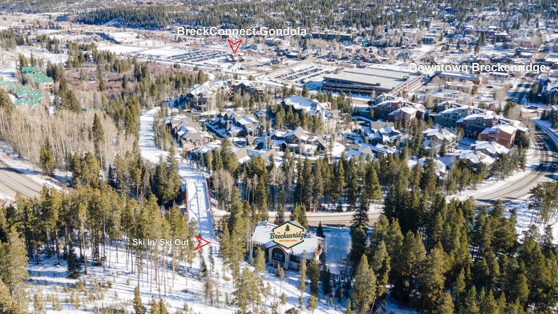 An aerial view of a snowy city surrounded by trees.
