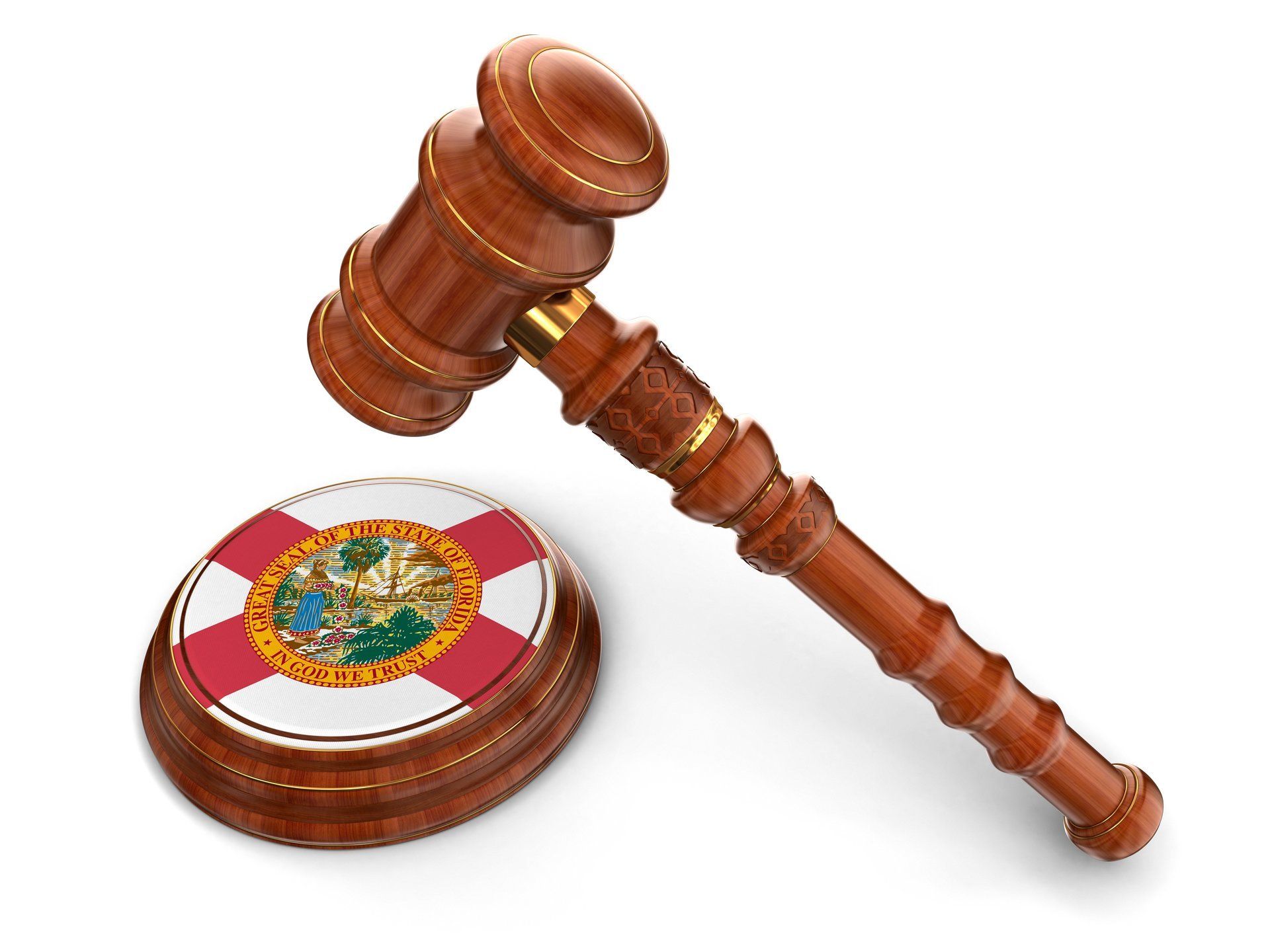 An Image of a wooden law gavel and a base with the Florida State Flag