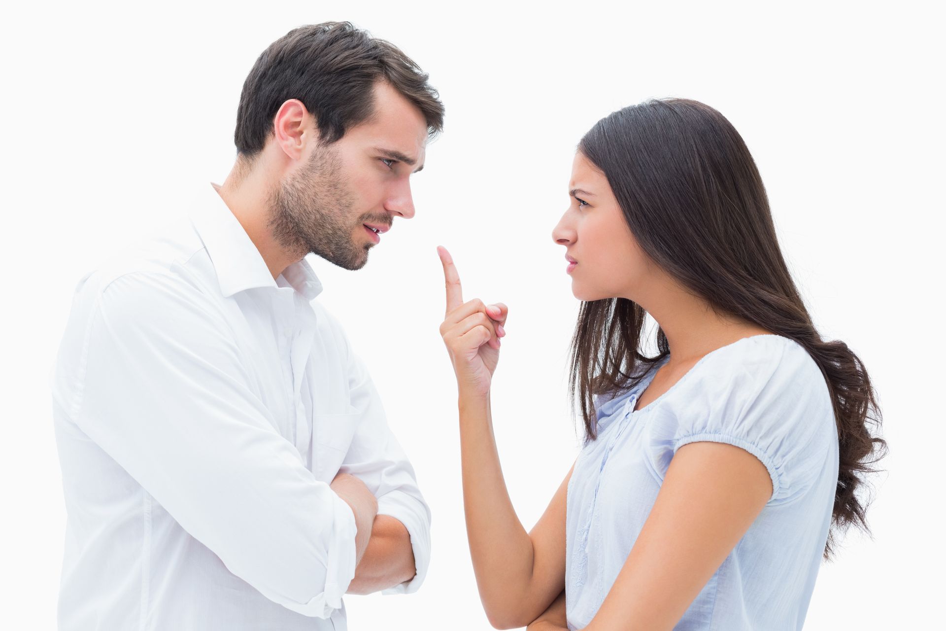 An Image of a man wearing a white shirt and a woman in a blue shirt who is pointing her finger at the man