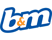 The b & m logo is blue and white with an orange circle in the middle.