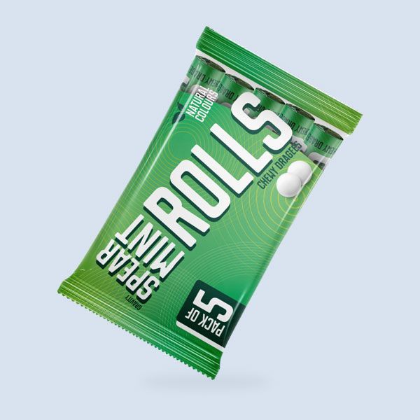 A package of spearmint rolls on a white background