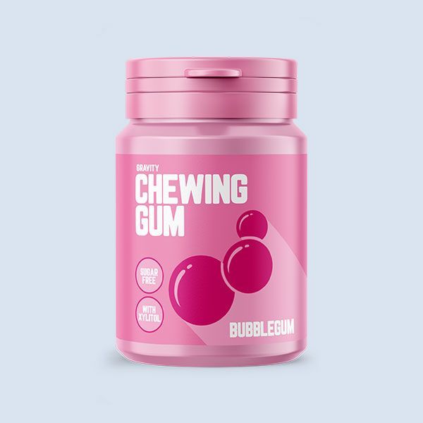 A pink bottle of chewing gum with bubblegum flavor