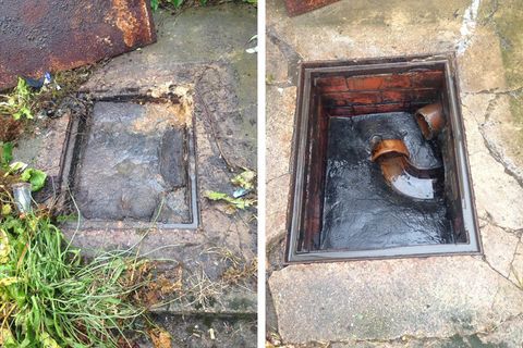 View of the drain before and after  unblocking