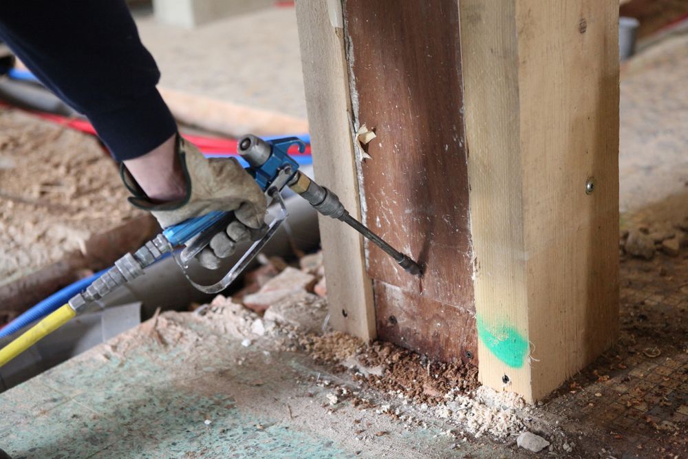 A person is spraying a wooden post with a sprayer — Affordable Underpinning Solutions In Shellharbour, NSW