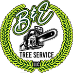 Logo: B&E Tree Service, a chainsaw within a green laurel wreath.
