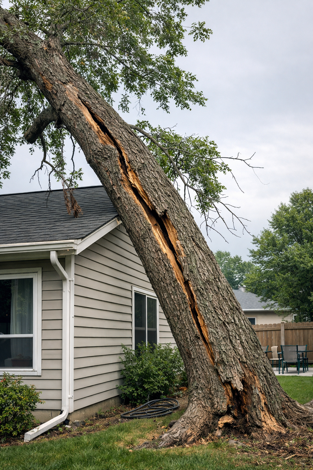 Cracked tree leaning toward house showing signs it may need removal