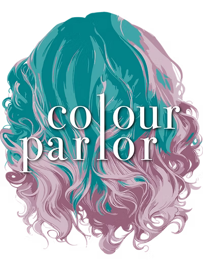 Logo for Colour Parlor hair salon: stylized turquoise and pink hair, text overlay.