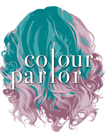 Logo for Colour Parlor hair salon: stylized turquoise and pink hair, text overlay.