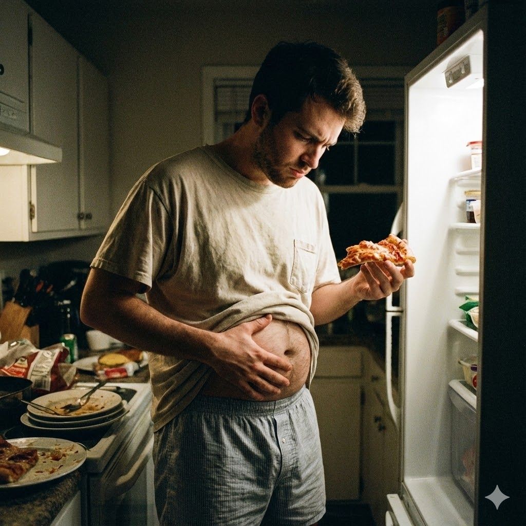 גבר בחולצת טריקו ומכנסיים קצרים, מסתכל על פיצה ליד המקרר. הוא מחזיק את בטנו במטבח מואר באור עמום.