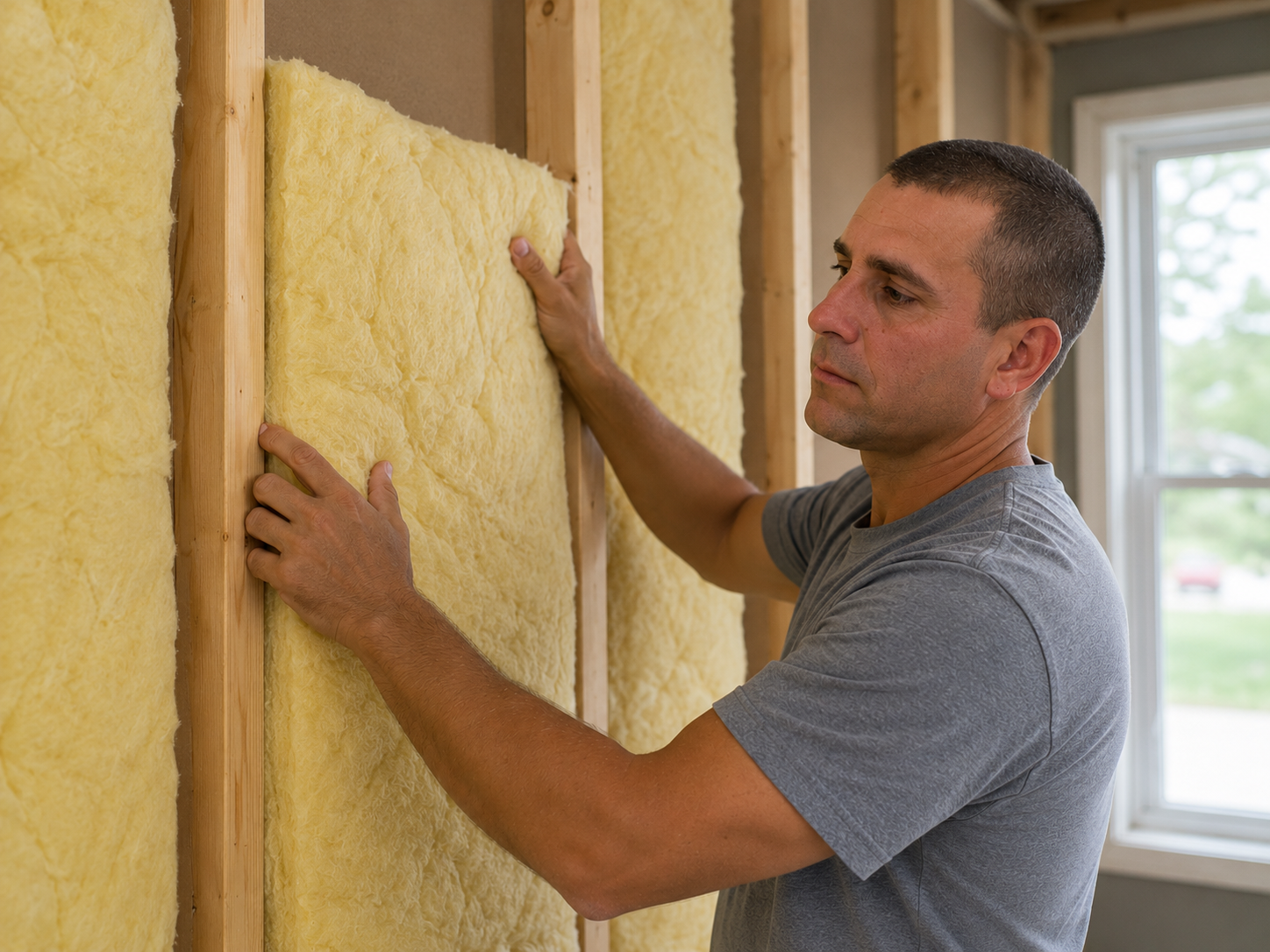 Asiel AA SmartWired installing yellow insulation batts inside a wall frame near a window