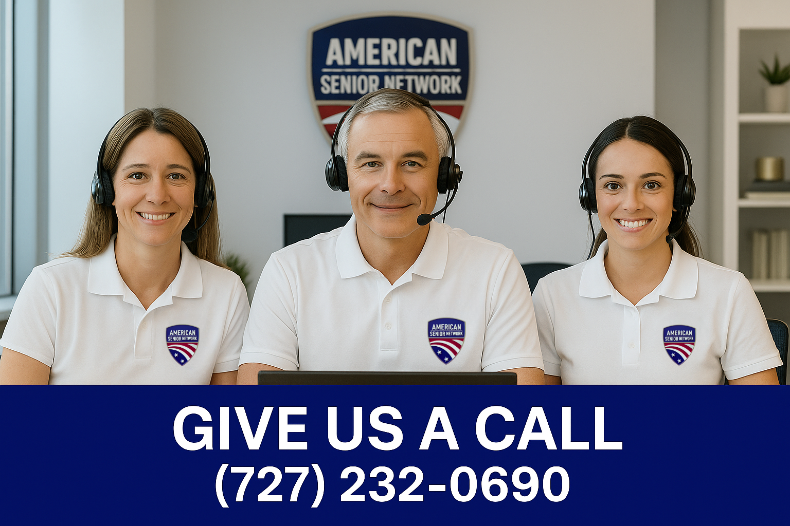 Three people in white shirts with headsets smiling in front of an 