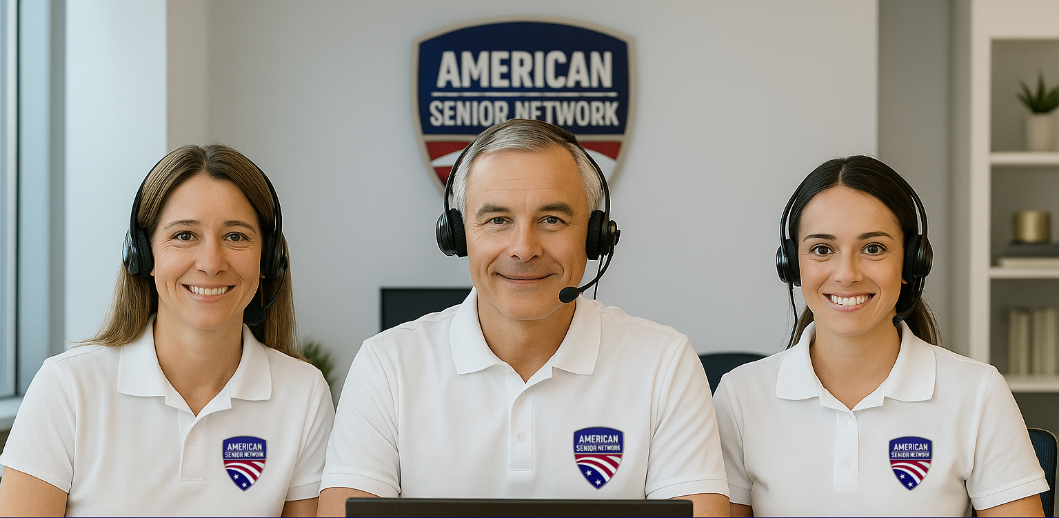Three people in white shirts with headsets smiling in front of an 