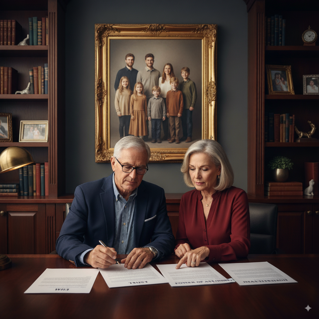 Elderly couple reviewing documents at a table, looking concerned, near a laptop.