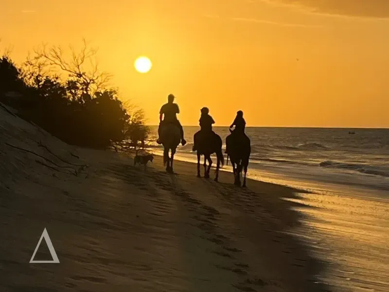 Silhueta de três pessoas andando a cavalo na areia da praia durante um pôr do sol dourado, com o mar ao fundo e vegetação costeira na Ponta do Santo Cristo.