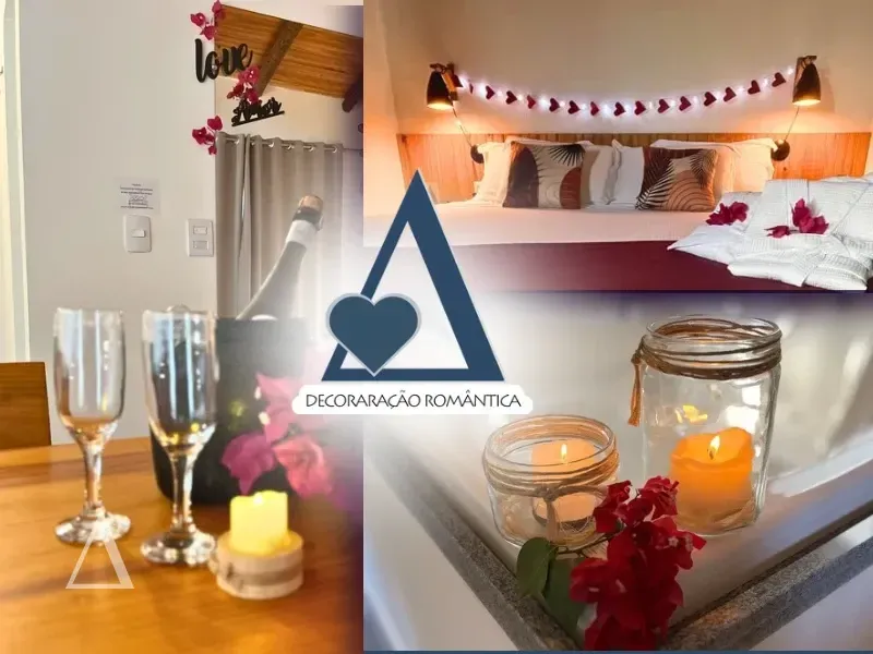 Colagem de fotos de decoração romântica na Quattuor Cabanas, incluindo pétalas sobre a cama, velas, espumante e detalhes decorativos em São Miguel do Gostoso.