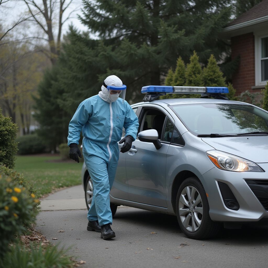 Person in hazmat suit exits a vehicle with flashing lights, suburban setting.