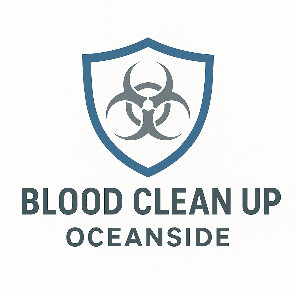Logo for Blood Clean Up Oceanside: Shield with biohazard symbol. Dark blue and gray text.