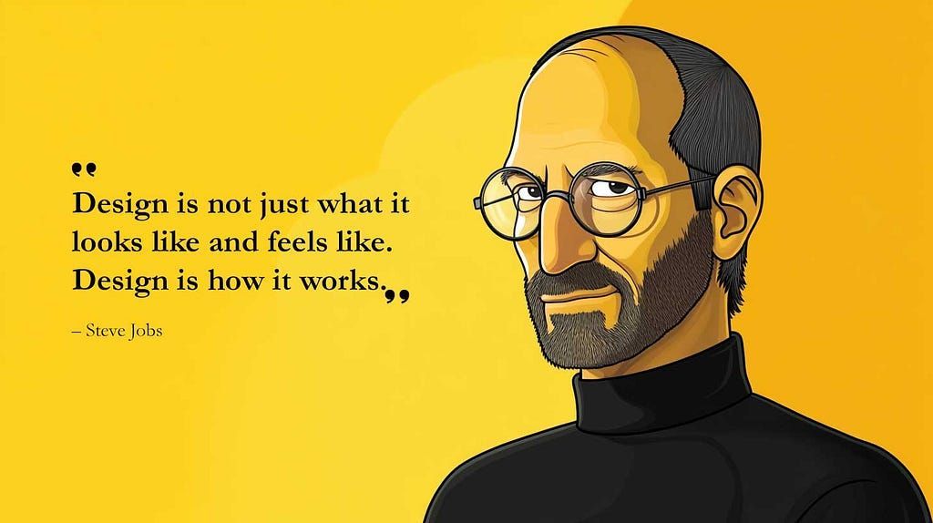 A man with glasses and a beard is on a yellow background with a quote from steve jobs
