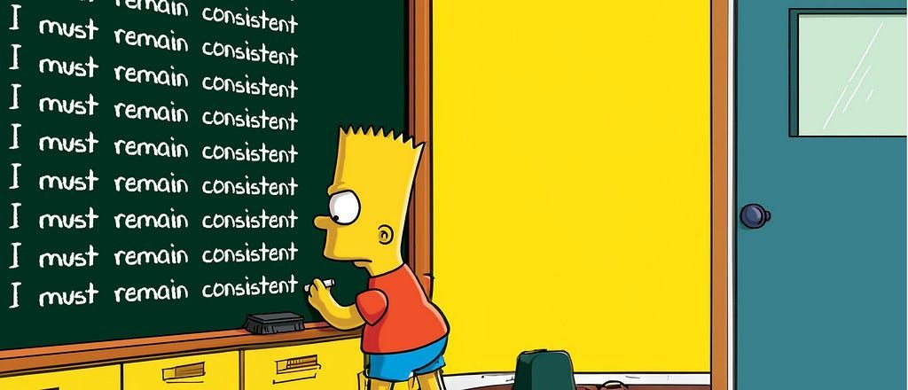 Bart simpson is standing in front of a blackboard that says i must remain consistent
