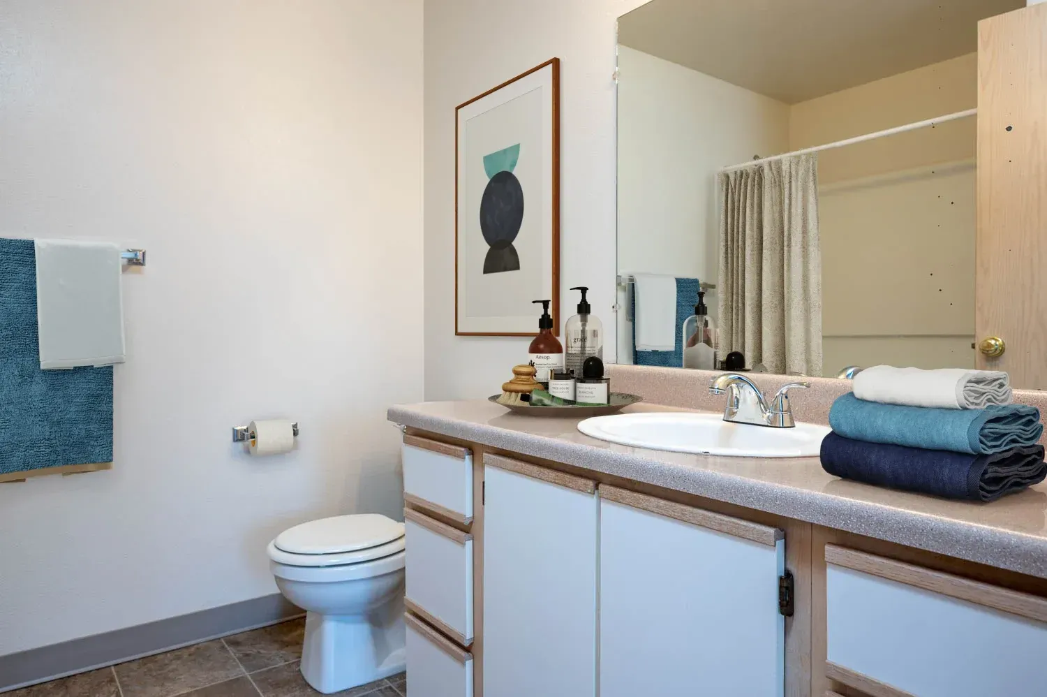 Bathroom with white walls, a toilet, a vanity, towels, and a framed abstract art piece.
