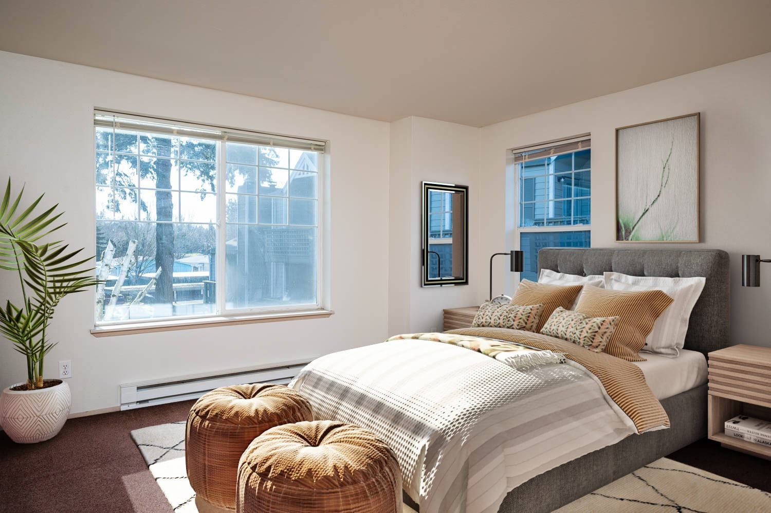Bedroom with large windows, neutral color scheme, bed, decorative pillows, and potted plant.