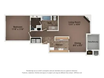 Floor plan of an apartment with a bedroom, bathroom, kitchen, dining area, living room, and patio/balcony.