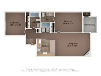 Floor plan of a two-bedroom apartment, with dimensions labeled, including kitchen, living area, bathrooms, and balcony.