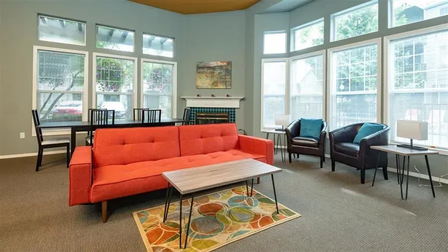 Bright orange couch in a living room with large windows, chairs, a table, and a rug.