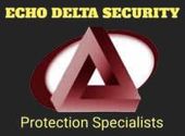 Logo for "Echo Delta Security." Red impossible triangle over a red oval, black background, yellow text.