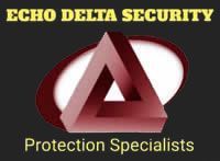 Logo for "Echo Delta Security." Red impossible triangle over a red oval, black background, yellow text.