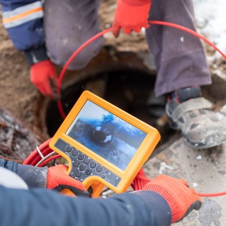 A man is using a camera to look into a manhole