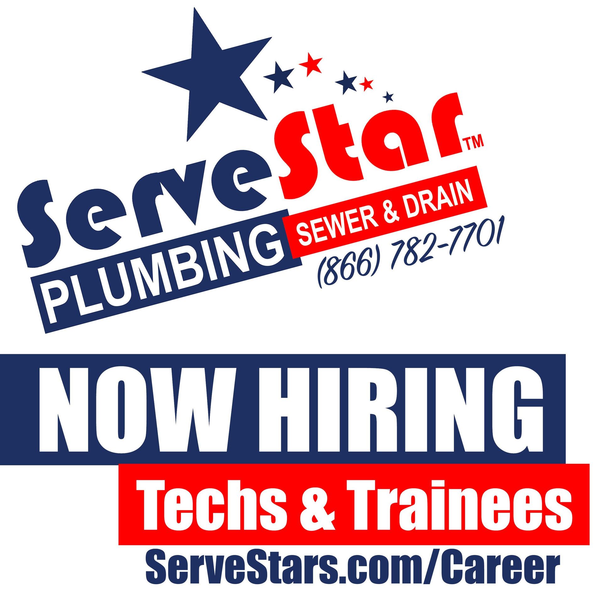 A sign for a plumbing company that is now hiring techs and trainees