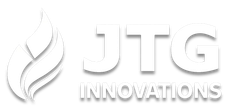 White JTG Innovations logo with stylized flame icon and gray text on a white background