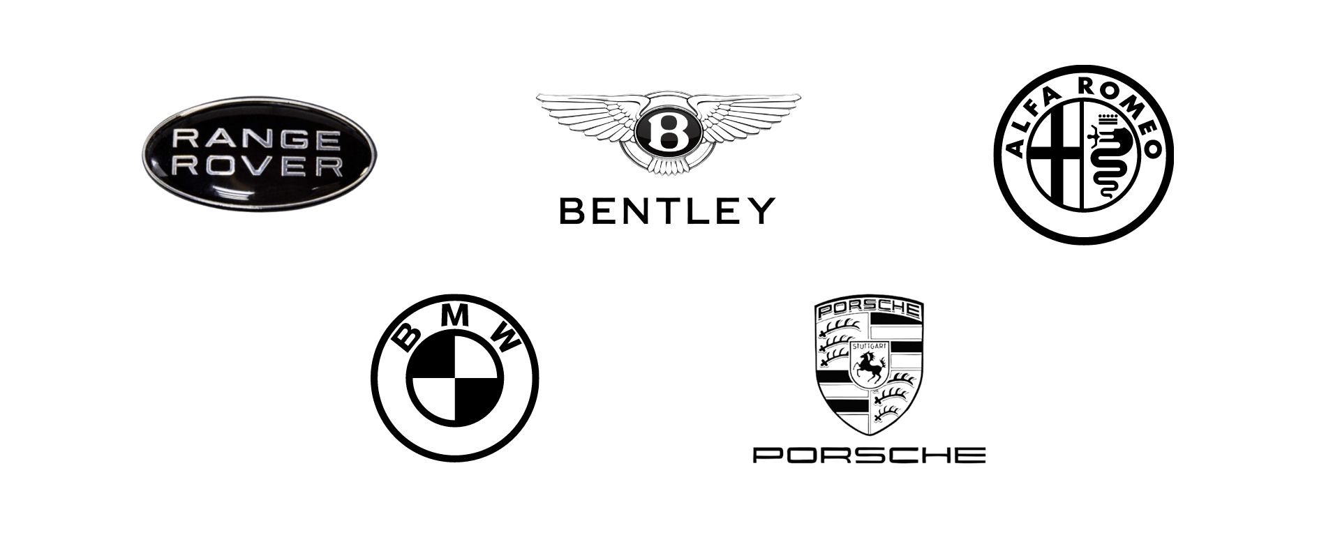 Luxury car logos featuring range rover, bentley, and porsche