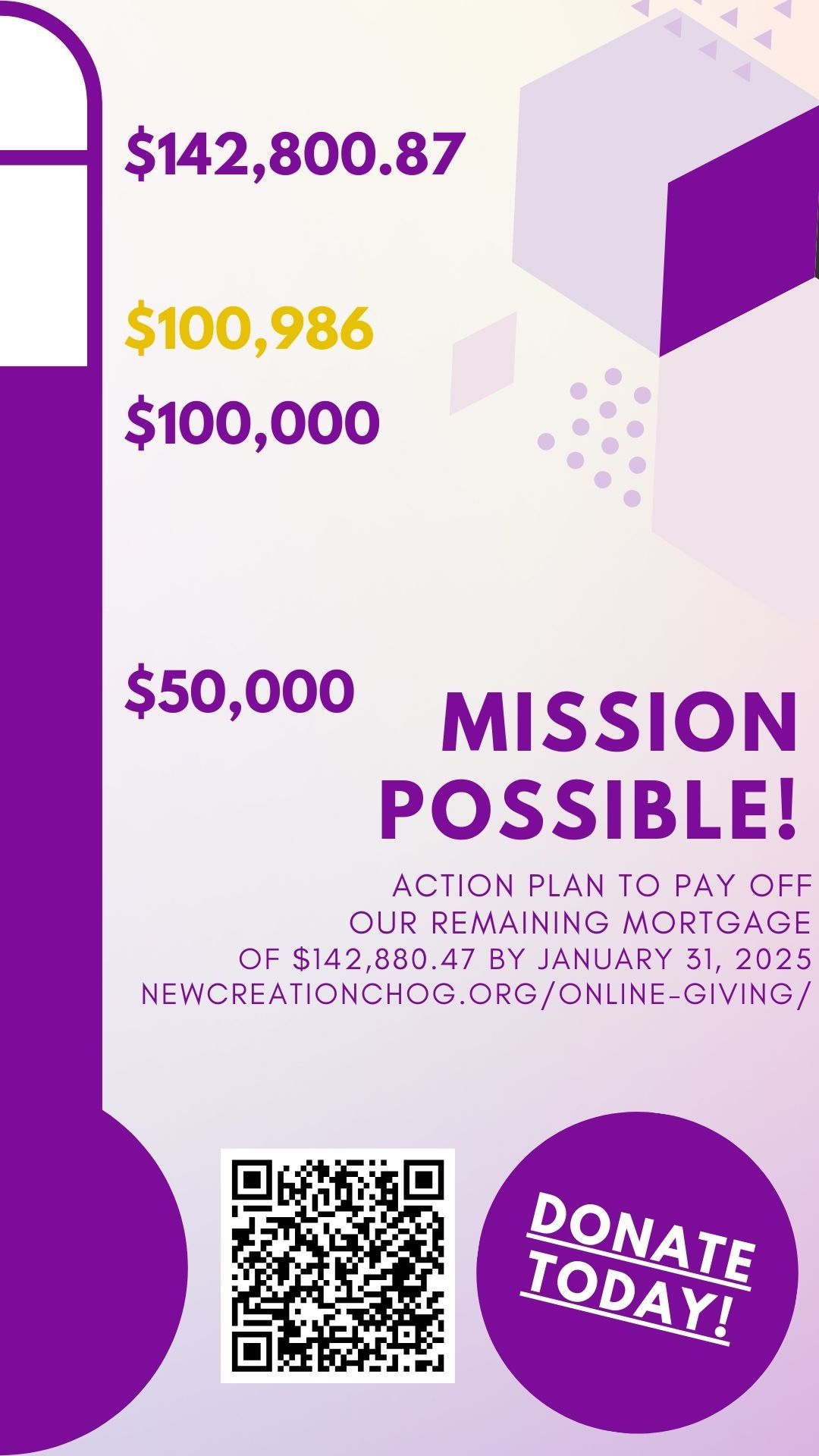 Thermometer graphic, fundraising campaign. Shows donation levels and QR code for giving.