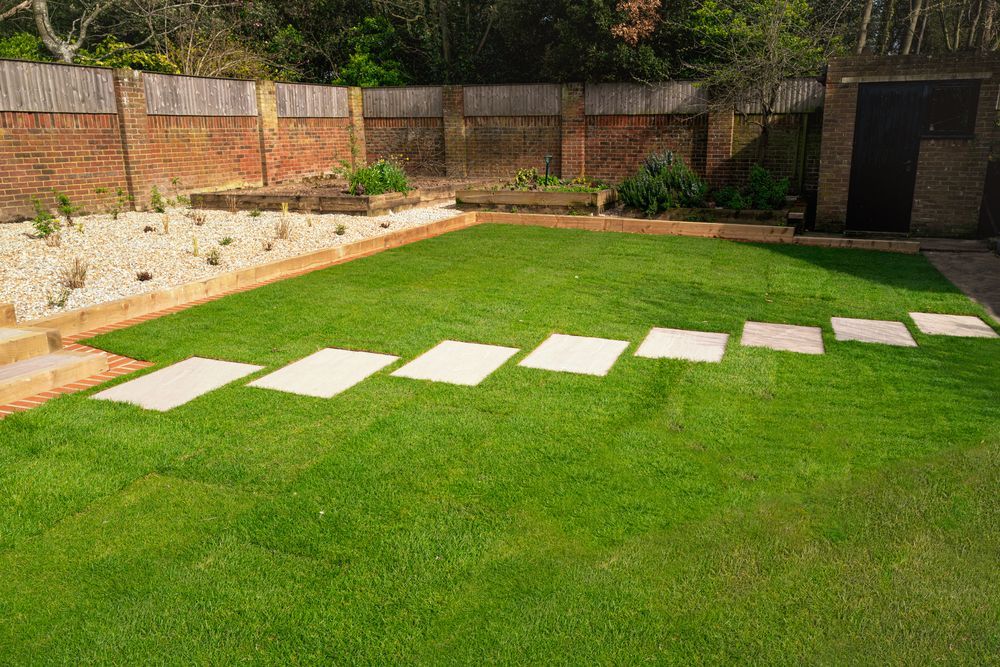 Green Lawn With Stepping Stones Leading to a Black Shed — Affordable Tiles and Pavers In Morisset, NSW