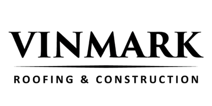The logo for vinmark roofing and construction is black and white.