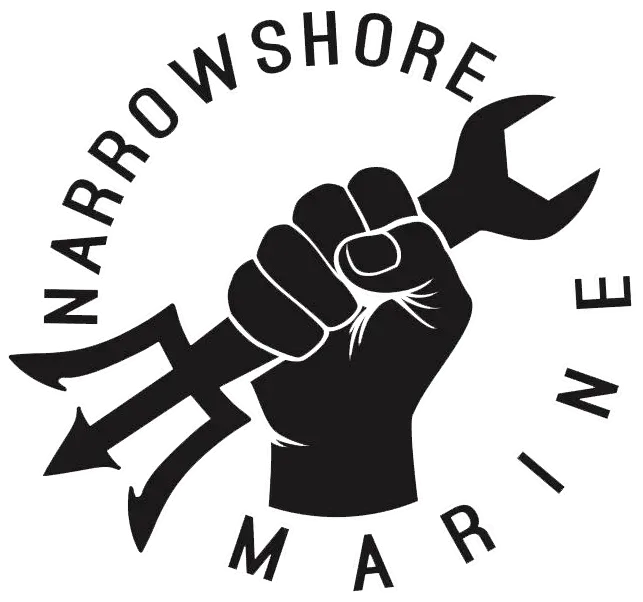 Black and white logo: fist holding wrench and trident, "Narrow Shore Marine" text encircles.