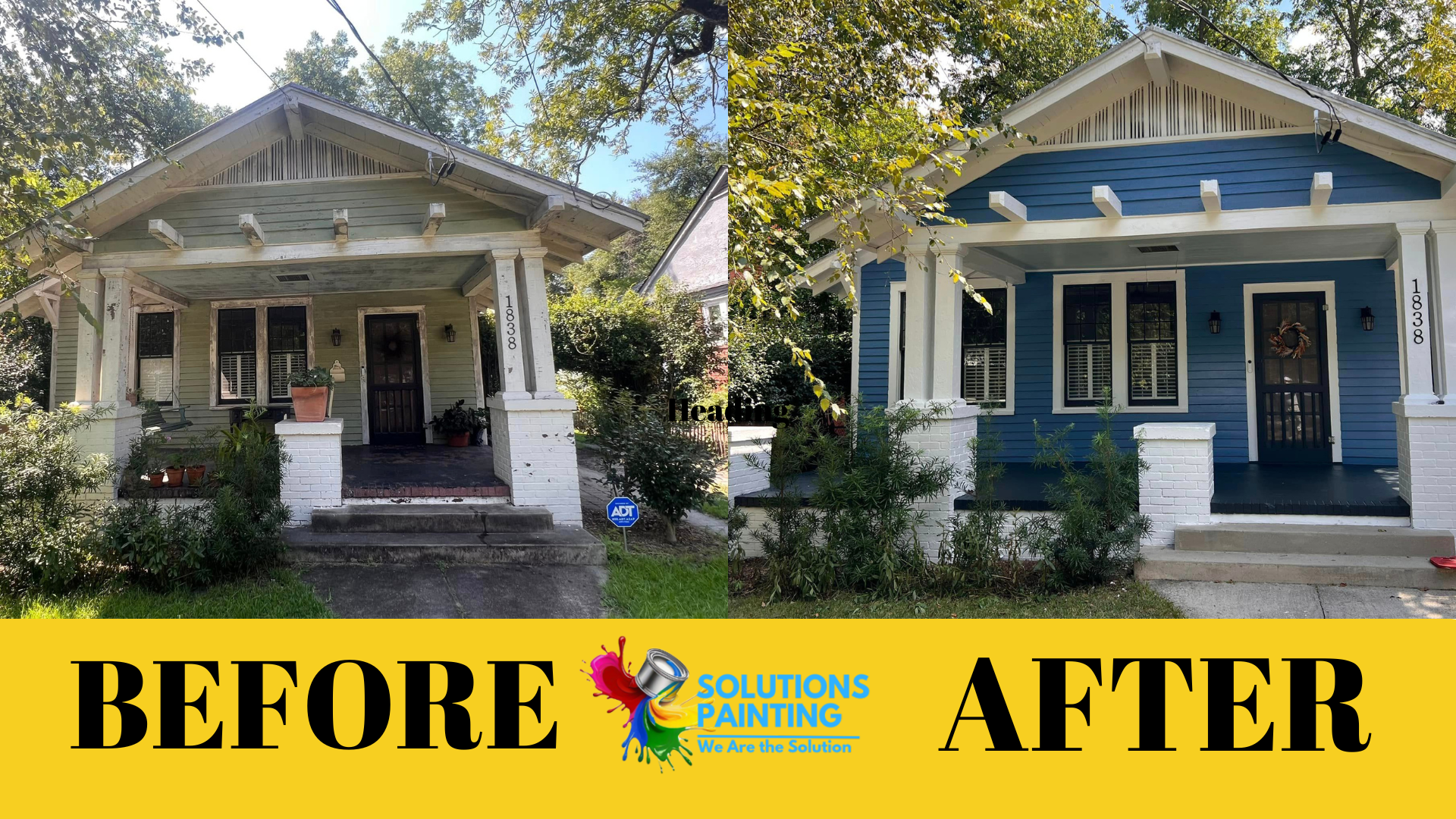 Before-and-after of a house: old green exterior versus a new blue and white paint job.