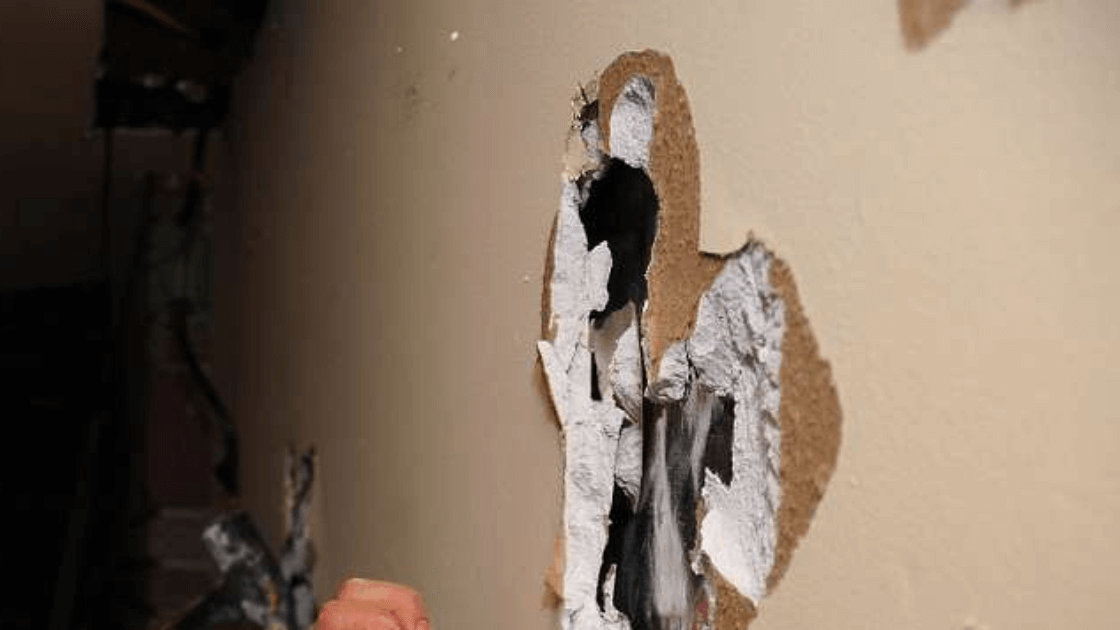 A person is peeling off a piece of paper from a wall.