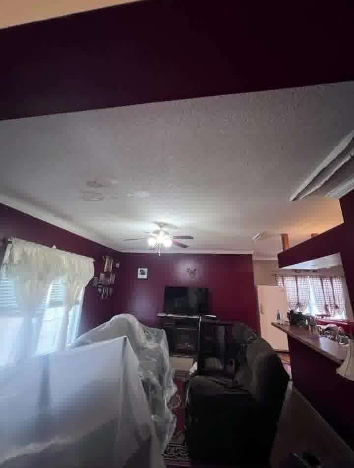 Living room with burgundy walls, white ceiling, sofa, TV, and bar area.