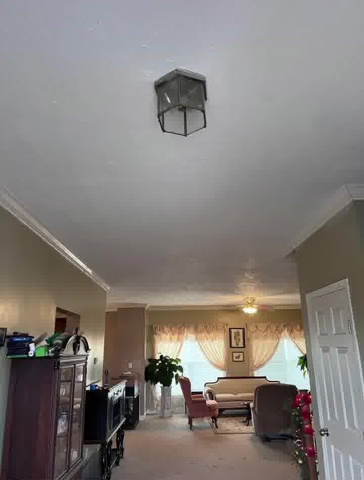 Ceiling light in a hallway with a living room visible in the background. Beige walls and floral curtains.