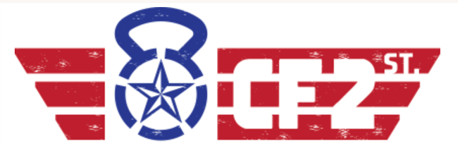 A red , white and blue logo with a star and a barbell.