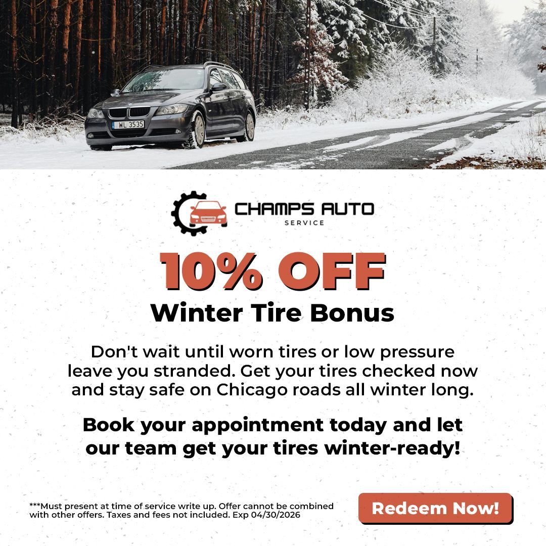 Advertisement for Champs Auto Service: 10% off winter tires. Car driving on snowy road. 